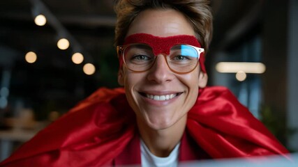 Playful superhero transformation: confident expression to joyful laughter
