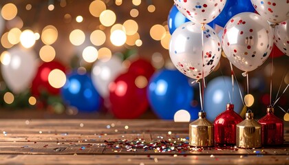 Patriotic party background with red, white, and blue balloons on a wood table. Festive scene with bokeh lights for 4th of July, Memorial Day, or a national holiday celebration