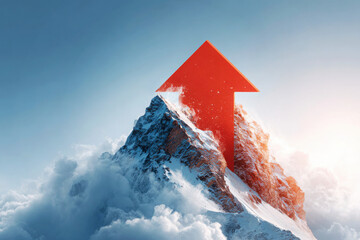 Red arrow rising from snowy mountain peak into sky, symbolizing growth, progress, ambition, success, challenge, and determination. Copy space