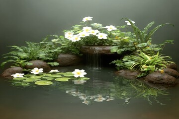 Naklejka premium Peaceful, tranquil water garden scene with white flowers and rocks