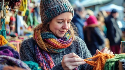 A woman knitting handmade scarves at a local craft fair, surrounded by her finished creations.