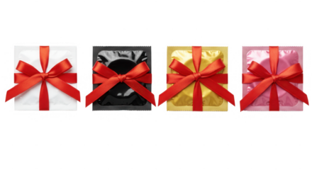 Four colorful condom gifts with red bows isolated on transparent background