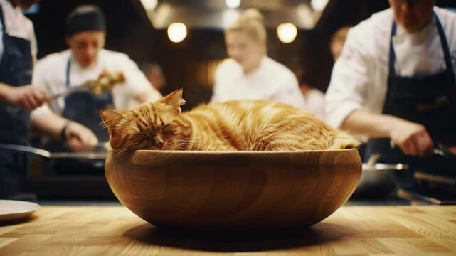 Cat relaxing in a bowl in a busy restaurant kitchen with chefs cooking in the background