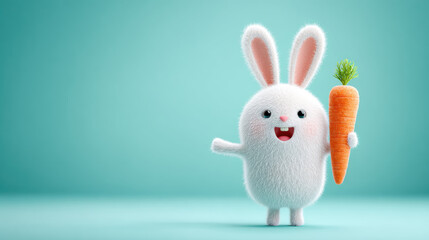 Rabbit cartoon, A cartoon rabbit joyfully holding a large carrot in a 3D illustration.