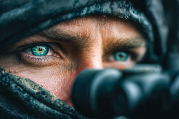 Close-up of a focused soldier aiming through a scope with intense blue eyes