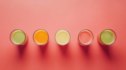 mixed colors smoothies, different glass shapes, food photography, minimalistic vintage setup on pale red background, green, orange and white color fusion