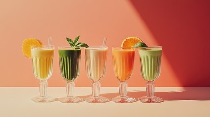 mixed colors smoothies, different glass shapes, food photography, minimalistic vintage setup on pale red background, green, orange and white color fusion