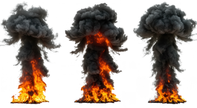 Three explosions with fire and smoke isolated on transparent background