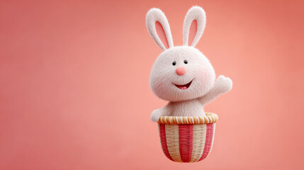 Rabbit cartoon, A cartoon rabbit in a hot air balloon, illustrated in 3D style.