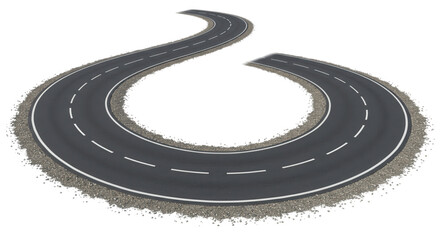 A winding asphalt road with white lane markings isolated on transparent background