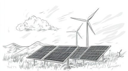 Hand drawn sketch of solar panels and wind turbines representing alternative energy sources in a vector illustration design