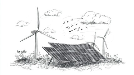 Hand drawn sketch of solar panels and wind turbines representing alternative energy sources in a vector illustration design
