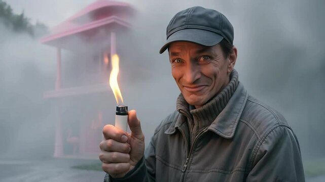 Sarcastic Man Holding Lighter in Front of Burning Pink Dollhouse in Smoke