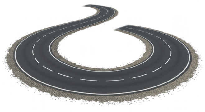 A winding asphalt road with white lane markings isolated on transparent background