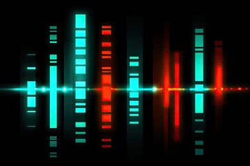 Dark background with vertical bars of teal and red light,  waveform effect