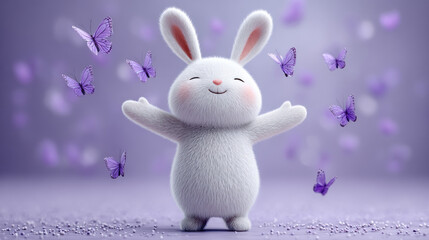 Rabbit cartoon, Joyful 3D cartoon rabbit playing with butterflies in a vibrant scene.