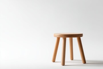 Minimalist wooden stool stands alone against white backdrop, emp