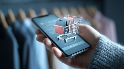 A hand holding a smartphone displaying a digital shopping cart with clothing items, ready for checkout