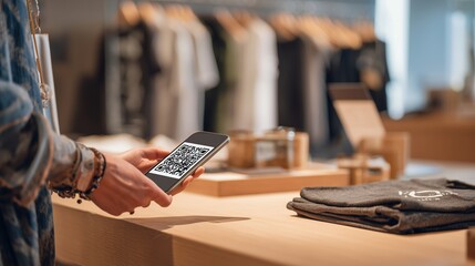 Close-up of a shopper scanning a QR code to pay for clothes at a modern boutique counter