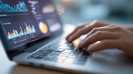 Close-up of female hands typing on a sleek laptop keyboard, with visible charts and analytics on the screen