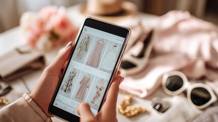 Close-up of a person browsing an online clothing store on a smartphone, selecting dresses and accessories