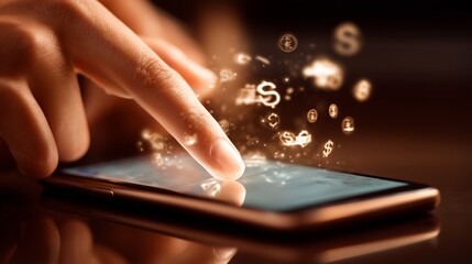 Close-up of fingers tapping on a smartphone screen displaying digital banking apps and virtual money transfer