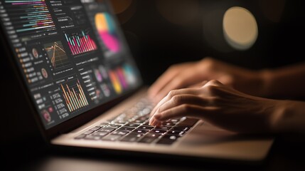 Close-up of female hands typing on a sleek laptop keyboard, with visible charts and analytics on the screen
