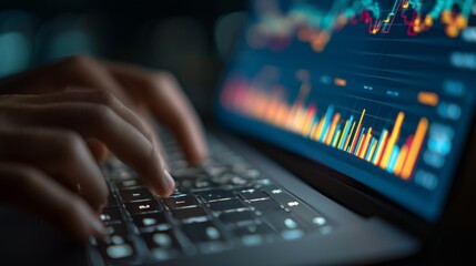 Close-up of female hands typing on a sleek laptop keyboard, with visible charts and analytics on the screen