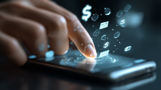 Close-up of fingers tapping on a smartphone screen displaying digital banking apps and virtual money transfer