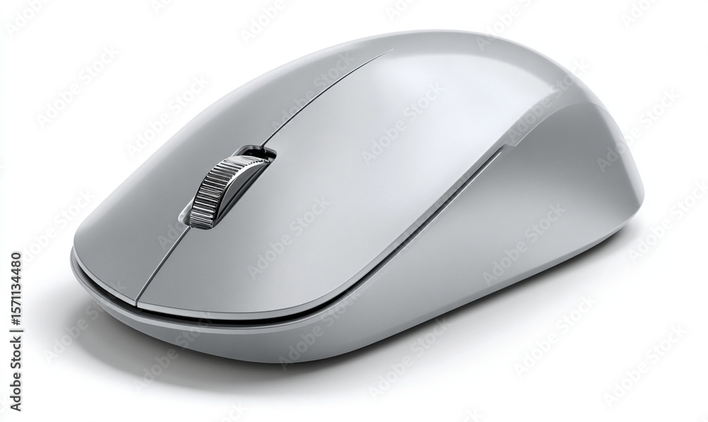 Poster a close up shot of a silver computer mouse with a scroll wheel on a white surface
