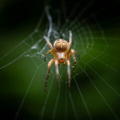 A close-up of an orange spider sitting at the center of its intricate web against a dark green background.
