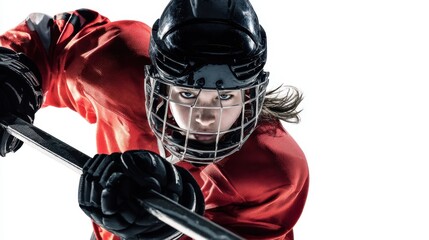 The focused young female hockey player ready for action on the ice.