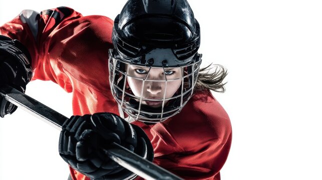 The focused young female hockey player ready for action on the ice.