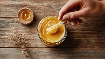 Woman’s hand stirring melted wax in a glass jar on rustic wooden table. Cozy candle-making atmosphere with soft lighting and natural elements.