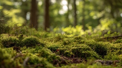 Naklejka premium The vibrant moss covering the forest floor in gentle sunlight.