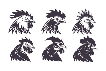 Set of Rooster Head Vector Illustrations in Black and White. Stylized Farm Animal Icons for Logos, Labels, and Retro Design Projects