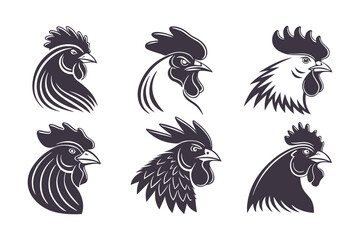 Set of Rooster Head Vector Illustrations in Black and White. Stylized Farm Animal Icons for Logos, Labels, and Retro Design Projects