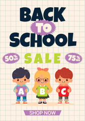 Back to School Sale Poster with Cute Children Holding ABC Letters Flat Vector Illustration.