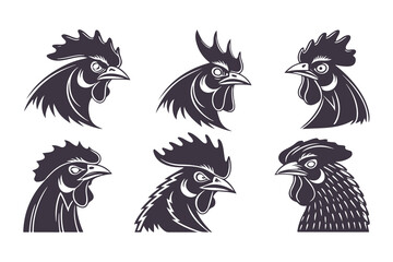 Fototapeta premium Set of Rooster Head Vector Illustrations in Black and White. Stylized Farm Animal Icons for Logos, Labels, and Retro Design Projects