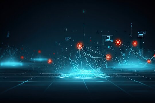 Abstract digital network graphic.  Dark background with glowing network of lines and points,  red highlights on nodes,  and geometric shapes, floating above a grid pattern