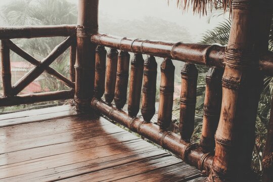 Bamboo railing on a wooden deck in a tropical setting.  Misty, rainy view - Powered by Adobe