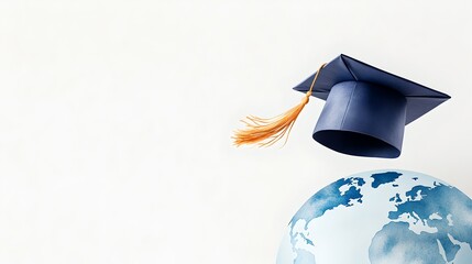 A graduation cap with an orange tassel hovers above a detailed world map symbolizing the international reach and global opportunities of higher education