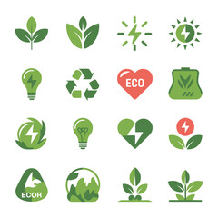 Obraz premium Modern Eco Energy & Sustainability Icon Set – Green Technology, Renewable Power & Environmental Symbols