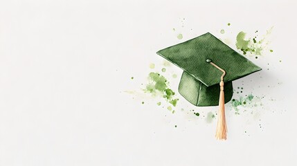 A green graduation cap with a tassel set against a white background surrounded by dynamic watercolor paint splashes in shades of green