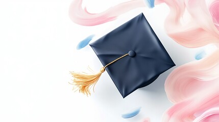 A minimalist and ic depiction of a graduation cap or mortarboard featuring a navy blue design with delicate watercolor brush strokes and golden accents