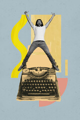 Vertical zine trendy photo collage of happy girl guy stand retro typewriter machine novel writing...