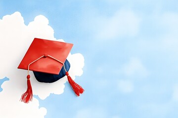 A vibrant red graduation cap with a blue tassel stands out against a backdrop of a bright blue sky with fluffy white clouds symbolizing the achievements and bright future of a graduate