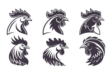 Set of Rooster Head Vector Illustrations in Black and White. Stylized Farm Animal Icons for Logos, Labels, and Retro Design Projects