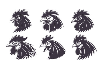 Set of Black and White Rooster Head Illustrations. Stylized Chicken Mascot Designs for Logos, Farm Branding, Emblems, and Tattoos
