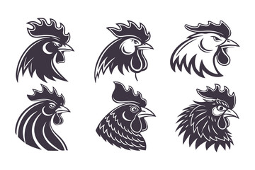 Set of Black and White Rooster Head Illustrations. Stylized Chicken Mascot Designs for Logos, Farm Branding, Emblems, and Tattoos
